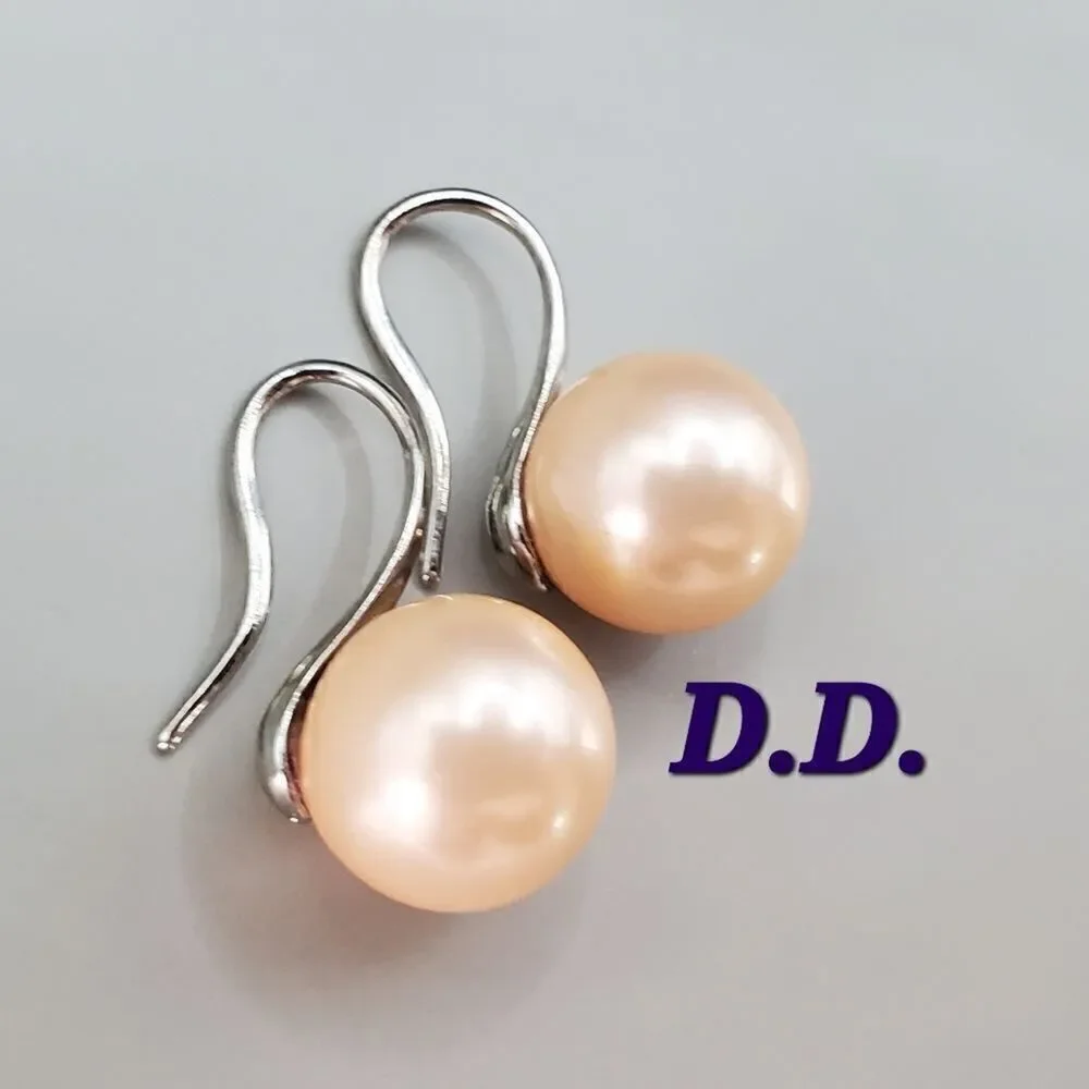 Peach South Sea Shell 8 mm Pearl Fish Hook Earrings 925 Silver